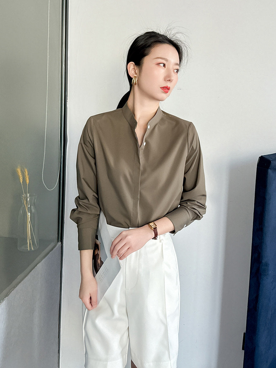 Spring coffee color stand-up collar shirt women's high-end sense of light luxury high-end not easy to wrinkle workplace light familiar style long-sleeved temperament shirt