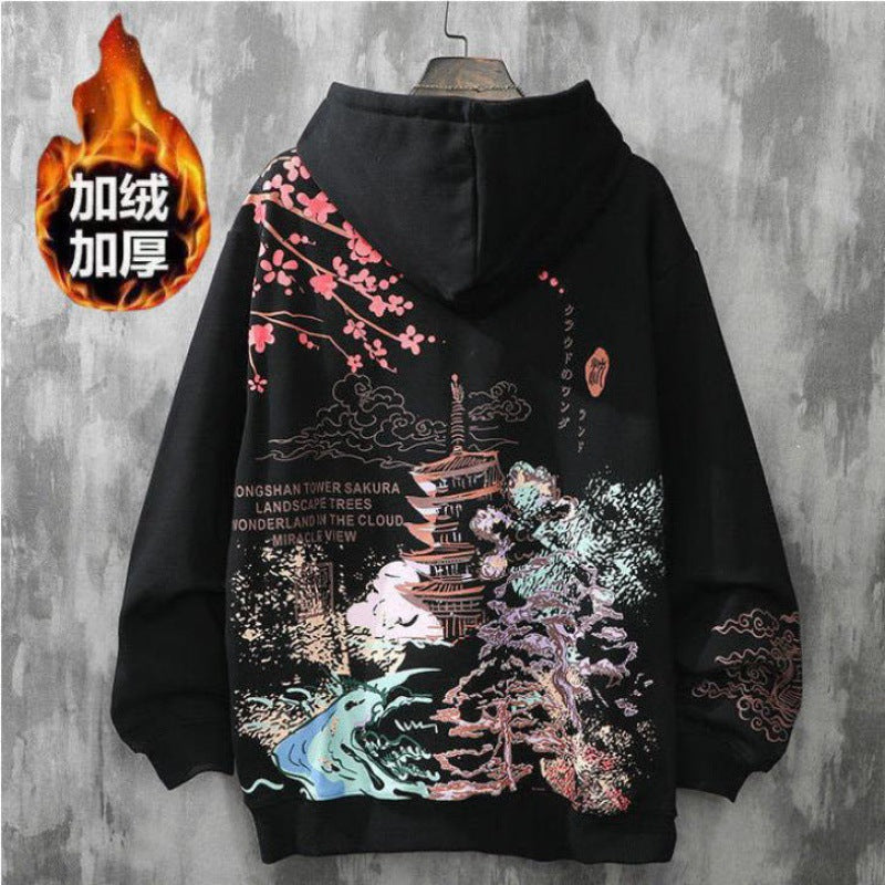 Vintage printed loose hooded sweater