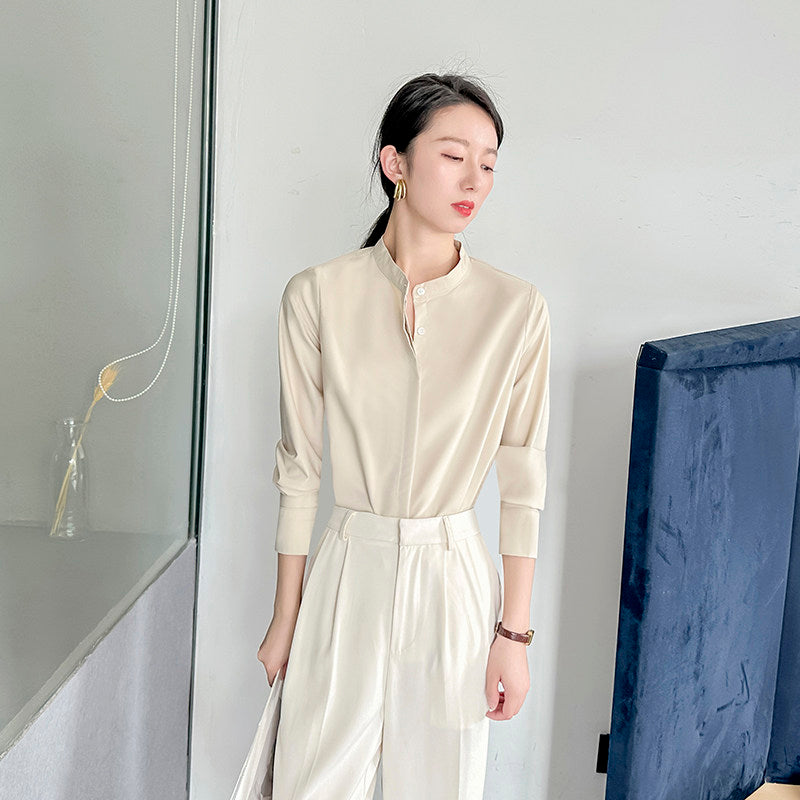 Spring coffee color stand-up collar shirt women's high-end sense of light luxury high-end not easy to wrinkle workplace light familiar style long-sleeved temperament shirt