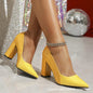 Cross-border exclusive European size spot color-blocking high heels, design patent leather single shoes, thick heel temperament, pointed French women's shoes