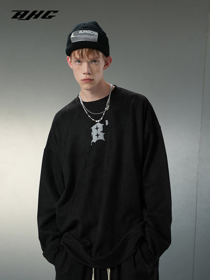 Suede worn-out round neck sweater