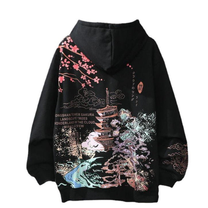 Vintage printed loose hooded sweater