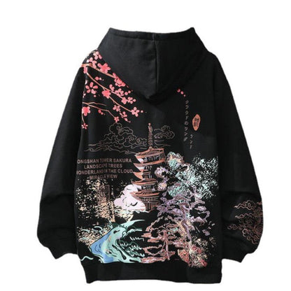 Vintage printed loose hooded sweater