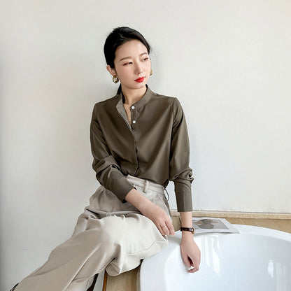 Spring coffee color stand-up collar shirt women's high-end sense of light luxury high-end not easy to wrinkle workplace light familiar style long-sleeved temperament shirt
