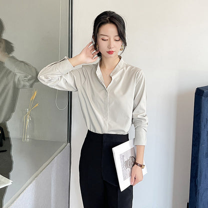 Spring coffee color stand-up collar shirt women's high-end sense of light luxury high-end not easy to wrinkle workplace light familiar style long-sleeved temperament shirt