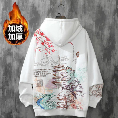 Vintage printed loose hooded sweater