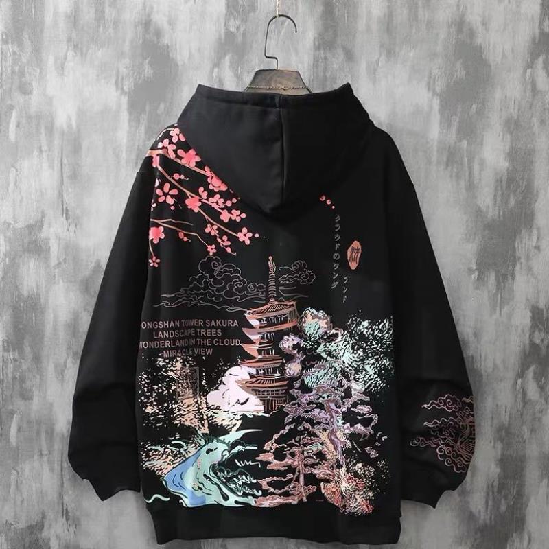 Vintage printed loose hooded sweater