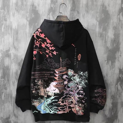 Vintage printed loose hooded sweater