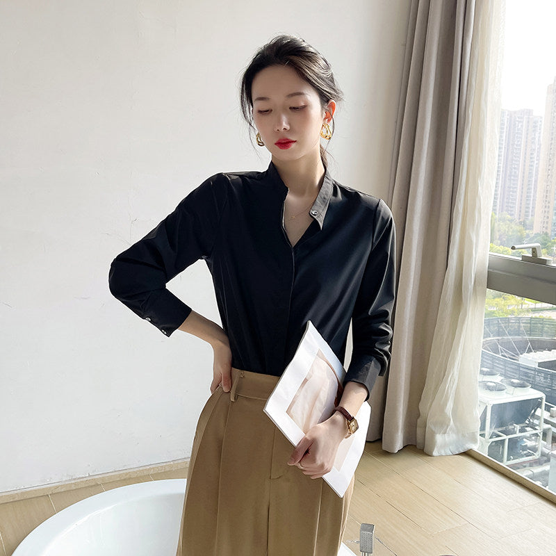 Spring coffee color stand-up collar shirt women's high-end sense of light luxury high-end not easy to wrinkle workplace light familiar style long-sleeved temperament shirt