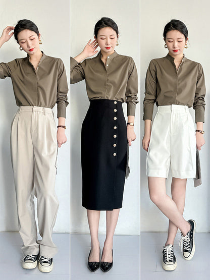 Spring coffee color stand-up collar shirt women's high-end sense of light luxury high-end not easy to wrinkle workplace light familiar style long-sleeved temperament shirt