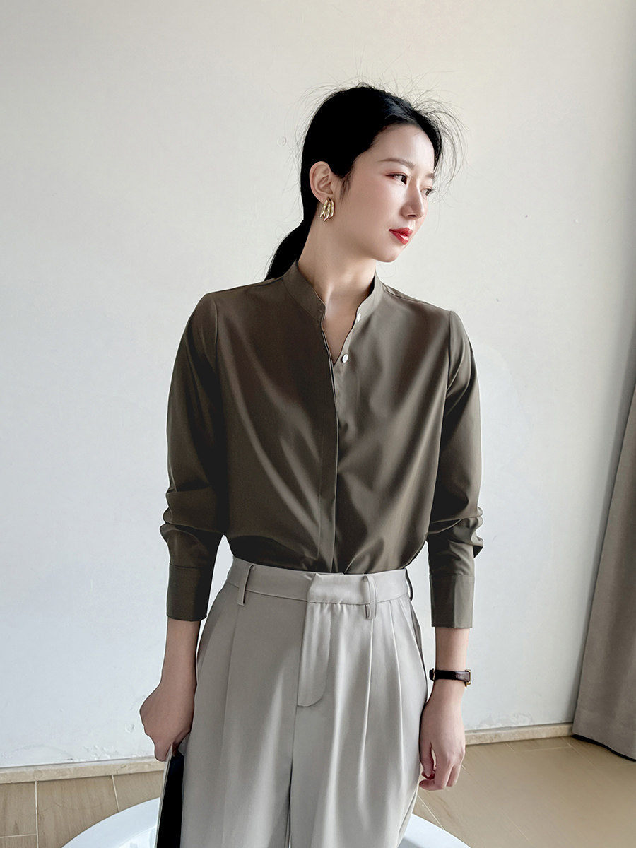 Spring coffee color stand-up collar shirt women's high-end sense of light luxury high-end not easy to wrinkle workplace light familiar style long-sleeved temperament shirt
