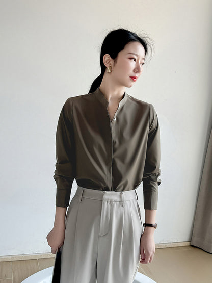 Spring coffee color stand-up collar shirt women's high-end sense of light luxury high-end not easy to wrinkle workplace light familiar style long-sleeved temperament shirt