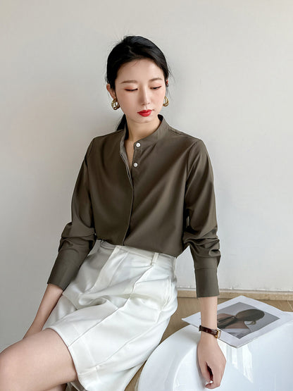Spring coffee color stand-up collar shirt women's high-end sense of light luxury high-end not easy to wrinkle workplace light familiar style long-sleeved temperament shirt