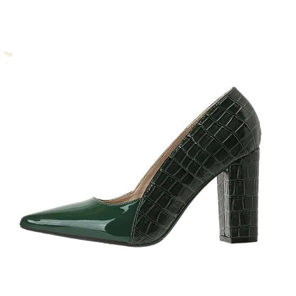 Cross-border exclusive European size spot color-blocking high heels, design patent leather single shoes, thick heel temperament, pointed French women's shoes