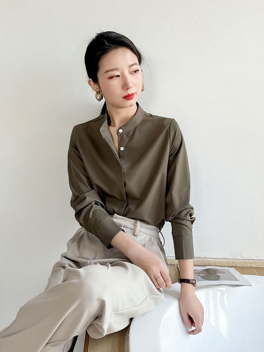 Spring coffee color stand-up collar shirt women's high-end sense of light luxury high-end not easy to wrinkle workplace light familiar style long-sleeved temperament shirt