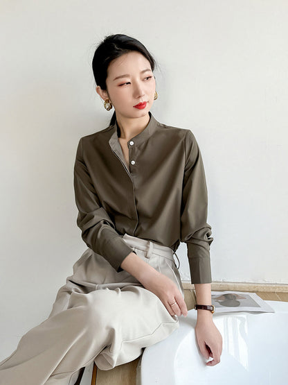 Spring coffee color stand-up collar shirt women's high-end sense of light luxury high-end not easy to wrinkle workplace light familiar style long-sleeved temperament shirt