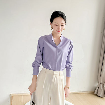Spring coffee color stand-up collar shirt women's high-end sense of light luxury high-end not easy to wrinkle workplace light familiar style long-sleeved temperament shirt
